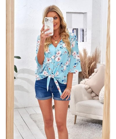 Womens V Neck Button Down Shirt 3/4 Sleeve Blouses Tie Knot Tops 3/4 Sleeve-blue-floral Printed $14.96 Blouses