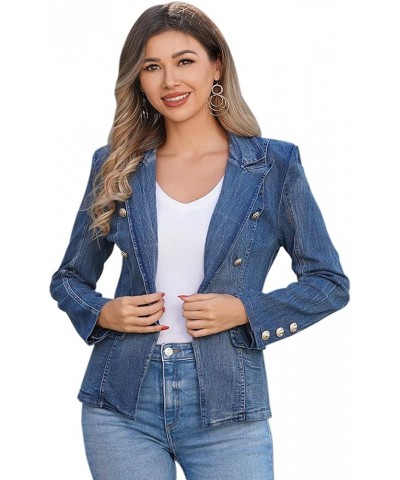 Women Denim Jacket Casual Jean Blazer Lapel Collar Double Breasted Work Long Sleeve Coat Outwear Dark Blue $22.09 Jackets