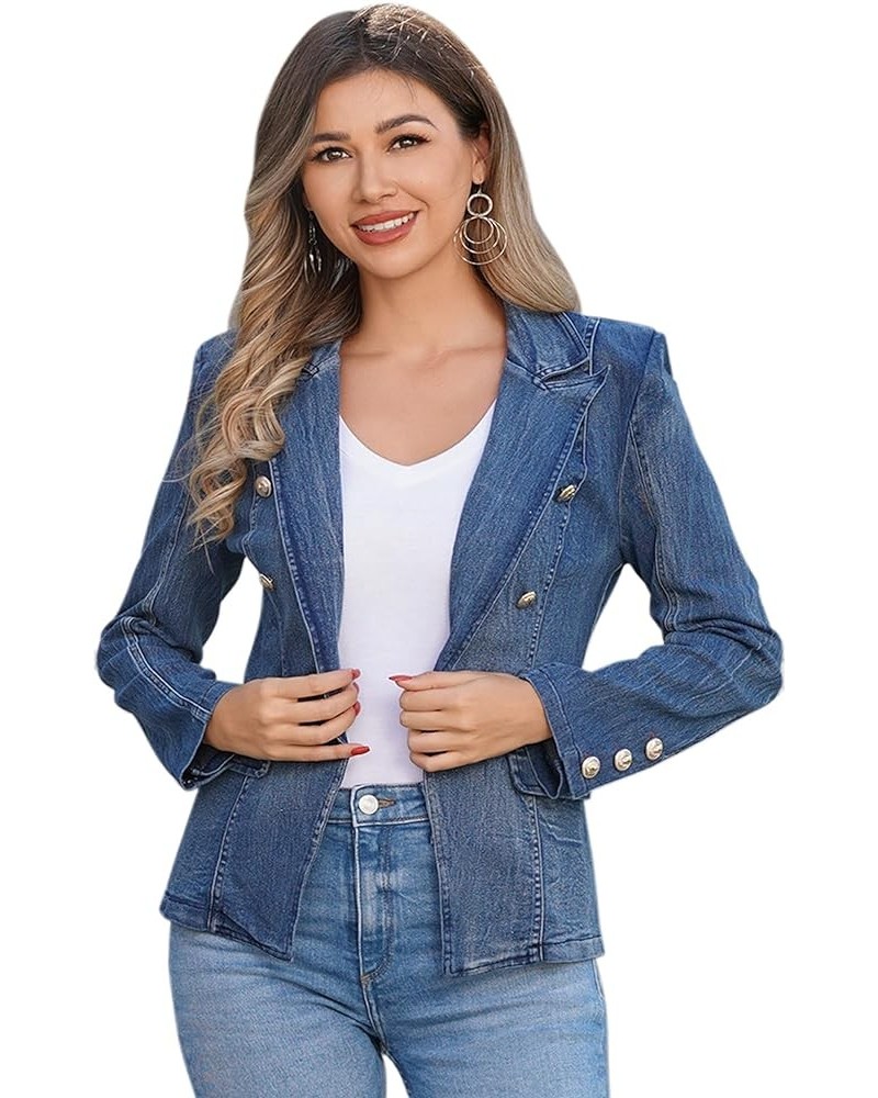 Women Denim Jacket Casual Jean Blazer Lapel Collar Double Breasted Work Long Sleeve Coat Outwear Dark Blue $22.09 Jackets