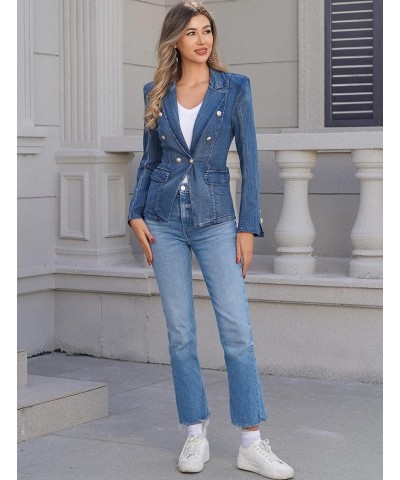 Women Denim Jacket Casual Jean Blazer Lapel Collar Double Breasted Work Long Sleeve Coat Outwear Dark Blue $22.09 Jackets