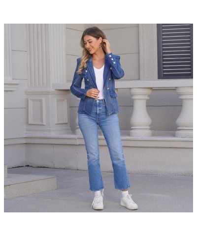 Women Denim Jacket Casual Jean Blazer Lapel Collar Double Breasted Work Long Sleeve Coat Outwear Dark Blue $22.09 Jackets