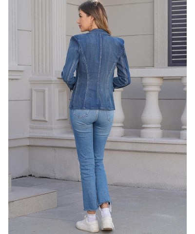 Women Denim Jacket Casual Jean Blazer Lapel Collar Double Breasted Work Long Sleeve Coat Outwear Dark Blue $22.09 Jackets