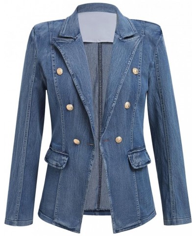 Women Denim Jacket Casual Jean Blazer Lapel Collar Double Breasted Work Long Sleeve Coat Outwear Dark Blue $22.09 Jackets