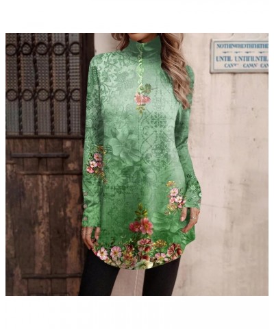 Womens Tunic Tops to Wear with Leggings Long Sleeve Turtle Neck Floral Print Button Pullover Shirt Flowy Fall Blouses Green-s...