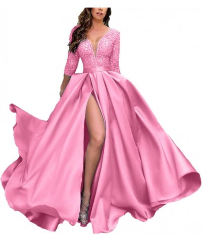 Deep V-Neck Prom Dresses Satin 3/4 Sleeves Evening Party Gowns with Pockets for Women Hot Pink $40.85 Dresses