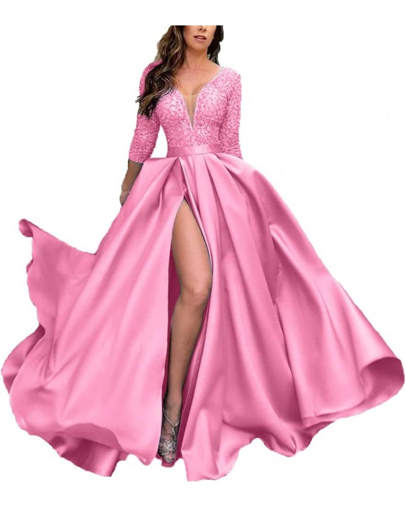 Deep V-Neck Prom Dresses Satin 3/4 Sleeves Evening Party Gowns with Pockets for Women Hot Pink $40.85 Dresses