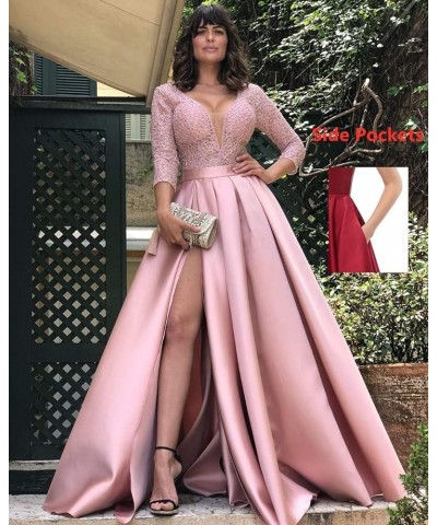 Deep V-Neck Prom Dresses Satin 3/4 Sleeves Evening Party Gowns with Pockets for Women Hot Pink $40.85 Dresses