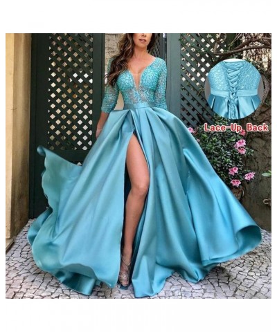 Deep V-Neck Prom Dresses Satin 3/4 Sleeves Evening Party Gowns with Pockets for Women Hot Pink $40.85 Dresses