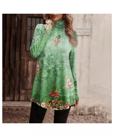 Womens Tunic Tops to Wear with Leggings Long Sleeve Turtle Neck Floral Print Button Pullover Shirt Flowy Fall Blouses Green-s...