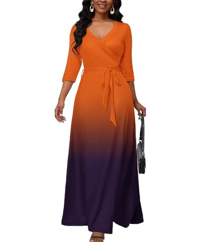 Maxi Dress for Women Gradient Casual Long Sundress V Neck 3/4 Sleeves with Belt 1-orange Black $27.59 Dresses