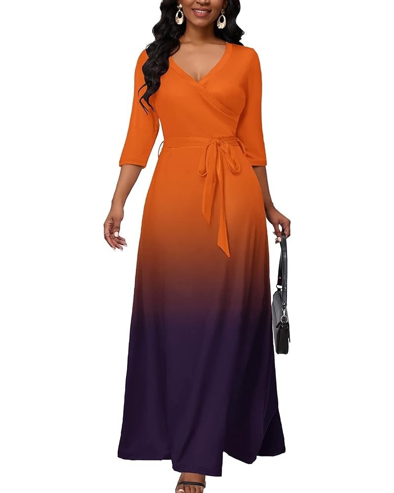 Maxi Dress for Women Gradient Casual Long Sundress V Neck 3/4 Sleeves with Belt 1-orange Black $27.59 Dresses