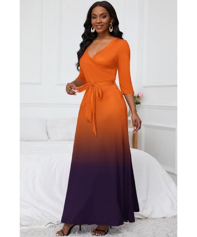 Maxi Dress for Women Gradient Casual Long Sundress V Neck 3/4 Sleeves with Belt 1-orange Black $27.59 Dresses