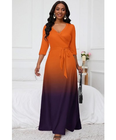 Maxi Dress for Women Gradient Casual Long Sundress V Neck 3/4 Sleeves with Belt 1-orange Black $27.59 Dresses