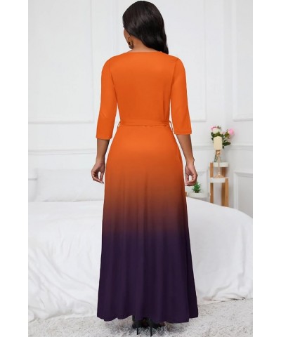 Maxi Dress for Women Gradient Casual Long Sundress V Neck 3/4 Sleeves with Belt 1-orange Black $27.59 Dresses