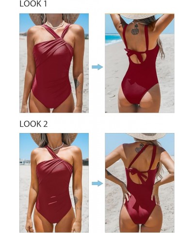 Women's One Piece Swimsuits Ruched Bathing Suit Tummy Control Back Tie Mutiple Ways Wearing Red $18.80 Swimsuits