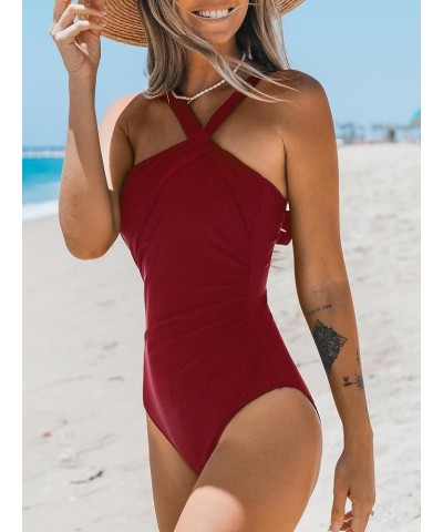 Women's One Piece Swimsuits Ruched Bathing Suit Tummy Control Back Tie Mutiple Ways Wearing Red $18.80 Swimsuits