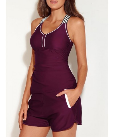 Tankini Swimsuits for Women Tummy Control Two Piece Bathing Suits with Sporty Pockets Boy Shorts Plum $18.04 Swimsuits