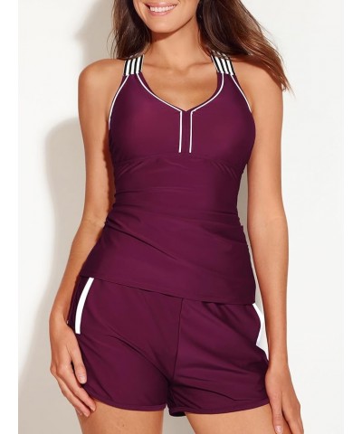 Tankini Swimsuits for Women Tummy Control Two Piece Bathing Suits with Sporty Pockets Boy Shorts Plum $18.04 Swimsuits