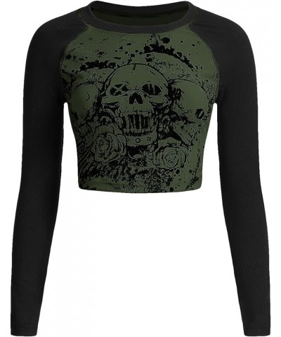 Women's Y2K Shirt Gothic Long Sleeve Crop Tops Graphic Tees Skull Floral Print T Shirts Black and Green $11.50 T-Shirts