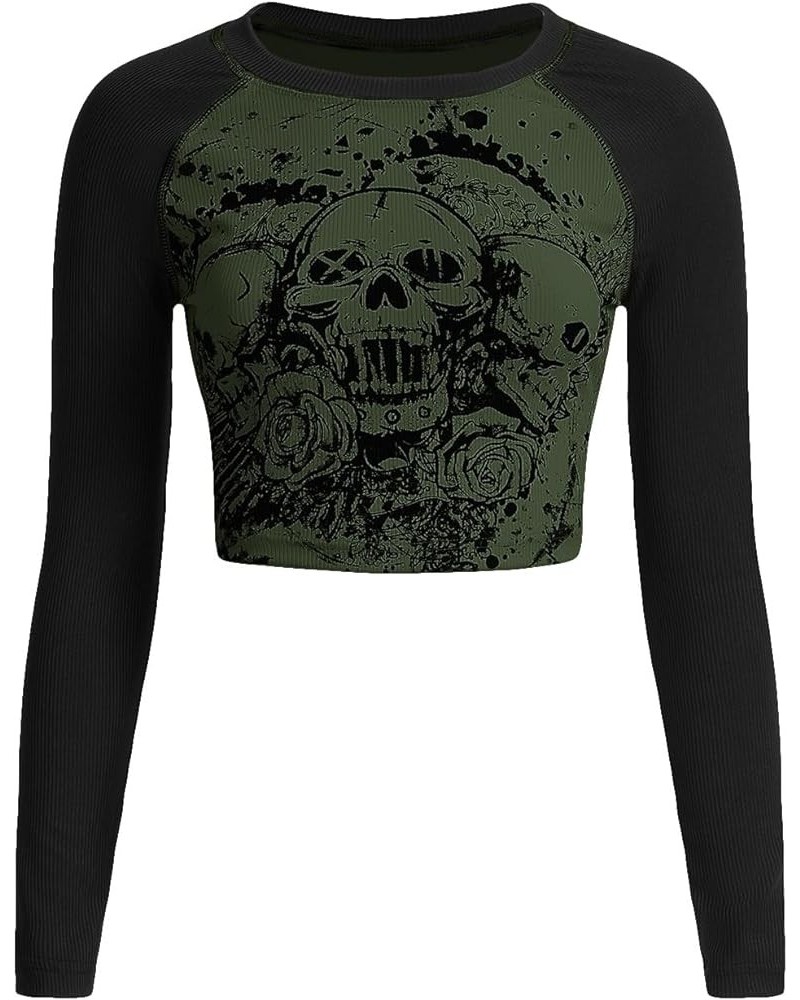 Women's Y2K Shirt Gothic Long Sleeve Crop Tops Graphic Tees Skull Floral Print T Shirts Black and Green $11.50 T-Shirts