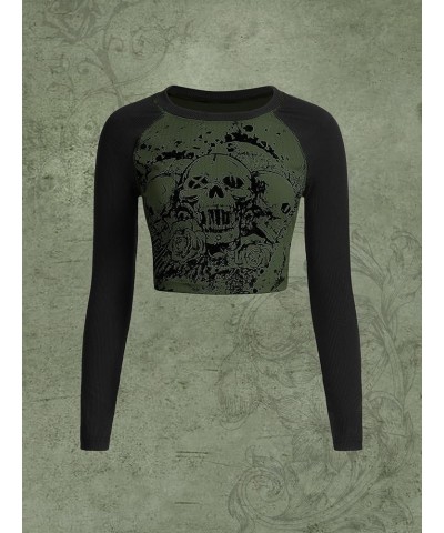 Women's Y2K Shirt Gothic Long Sleeve Crop Tops Graphic Tees Skull Floral Print T Shirts Black and Green $11.50 T-Shirts