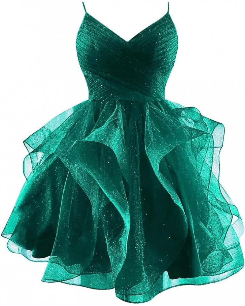 Glitter Tulle Spaghetti Straps Short Prom Dresses for Teens Tiered Homecoming Dresses 2024 V-Neck Mini Cocktail Dress Teal $3...