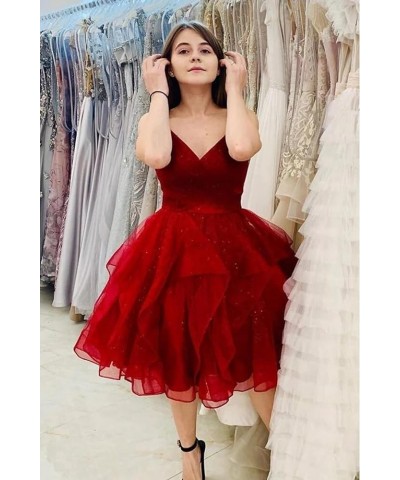 Glitter Tulle Spaghetti Straps Short Prom Dresses for Teens Tiered Homecoming Dresses 2024 V-Neck Mini Cocktail Dress Teal $3...