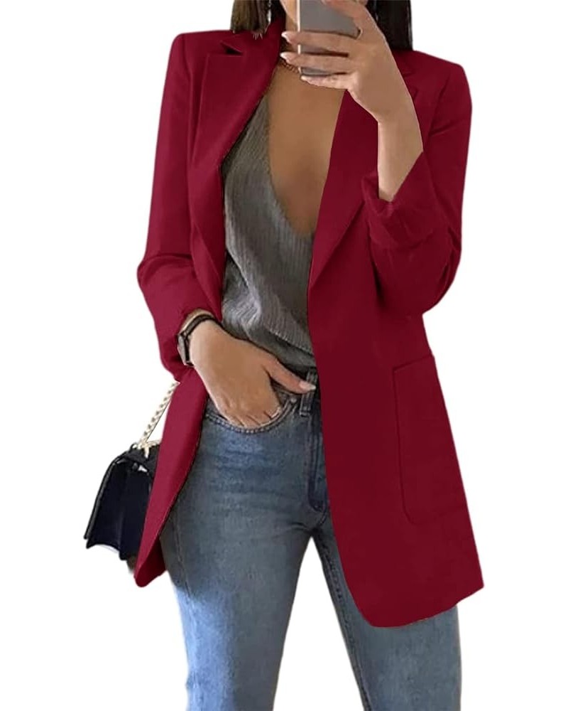 Womens Casual Blazers Open Front Long Sleeve Lapel Collar Work Office Jacket Wine Red $24.36 Blazers