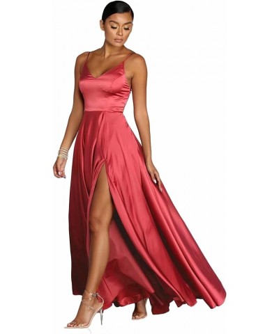 V Neck Long Slit Prom Dress with Pockets Satin Spaghetti Straps A Line Formal Evening Party Gown for Women Coral $30.40 Dresses