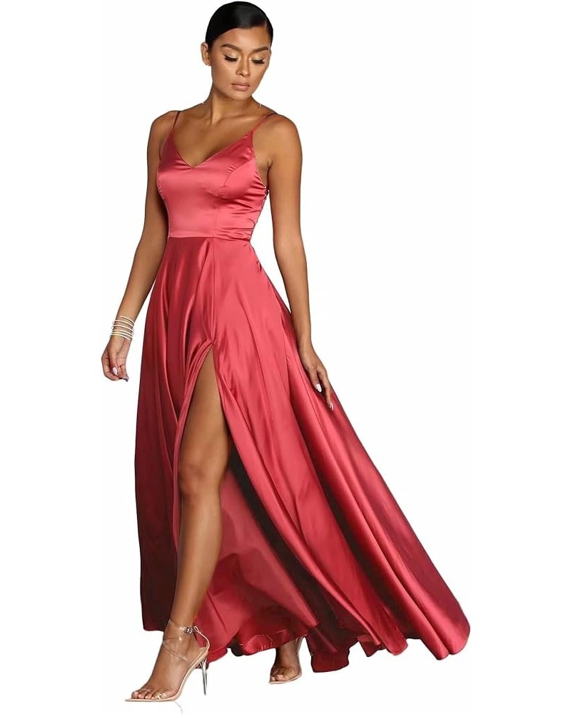 V Neck Long Slit Prom Dress with Pockets Satin Spaghetti Straps A Line Formal Evening Party Gown for Women Coral $30.40 Dresses