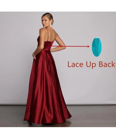 V Neck Long Slit Prom Dress with Pockets Satin Spaghetti Straps A Line Formal Evening Party Gown for Women Coral $30.40 Dresses