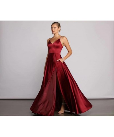 V Neck Long Slit Prom Dress with Pockets Satin Spaghetti Straps A Line Formal Evening Party Gown for Women Coral $30.40 Dresses