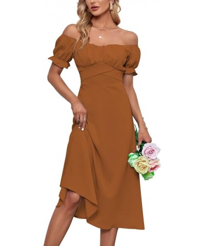 Women's Off Shoulder Wrap Ruffle Puff Short Sleeve Ruched Tie Back Dress Brown $22.08 Dresses