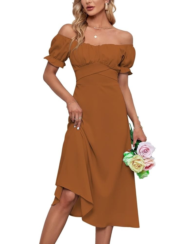 Women's Off Shoulder Wrap Ruffle Puff Short Sleeve Ruched Tie Back Dress Brown $22.08 Dresses