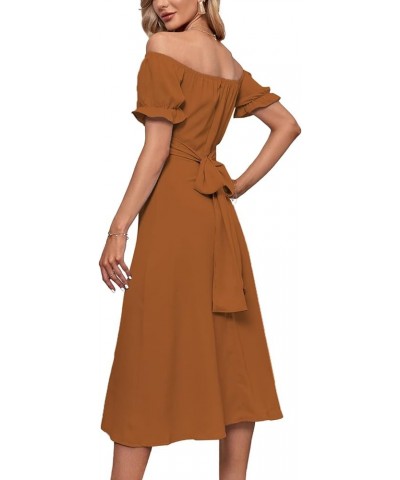 Women's Off Shoulder Wrap Ruffle Puff Short Sleeve Ruched Tie Back Dress Brown $22.08 Dresses