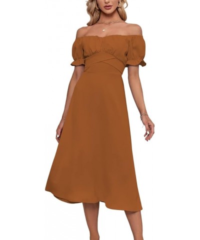 Women's Off Shoulder Wrap Ruffle Puff Short Sleeve Ruched Tie Back Dress Brown $22.08 Dresses