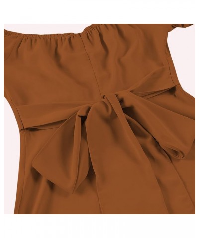 Women's Off Shoulder Wrap Ruffle Puff Short Sleeve Ruched Tie Back Dress Brown $22.08 Dresses