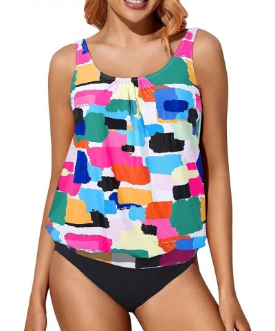 Blouson Tankini Swimsuits for Women Loose Fit Floral Printed Modest Two Piece Bathing Suits Color Block $18.35 Swimsuits