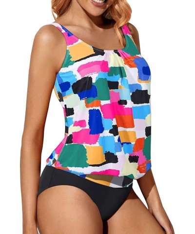 Blouson Tankini Swimsuits for Women Loose Fit Floral Printed Modest Two Piece Bathing Suits Color Block $18.35 Swimsuits