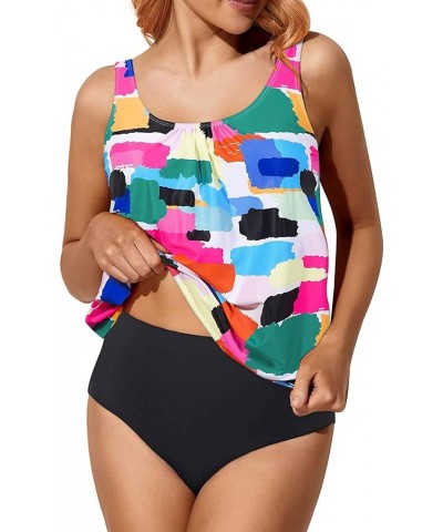 Blouson Tankini Swimsuits for Women Loose Fit Floral Printed Modest Two Piece Bathing Suits Color Block $18.35 Swimsuits