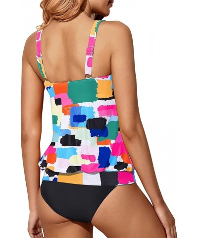 Blouson Tankini Swimsuits for Women Loose Fit Floral Printed Modest Two Piece Bathing Suits Color Block $18.35 Swimsuits