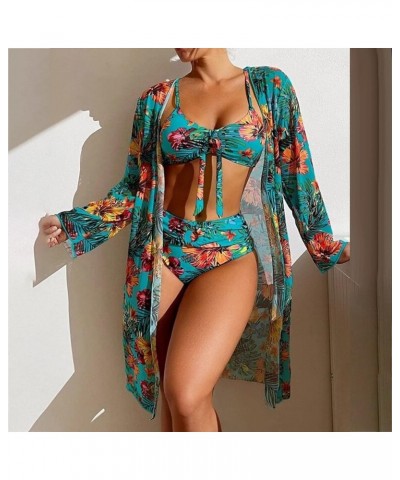 3pcs Set Women Bikini with Cover Up Swimsuit Floral Print Bottom Knotted Front Top High Waisted Swimwear 01-blue $13.25 Swims...