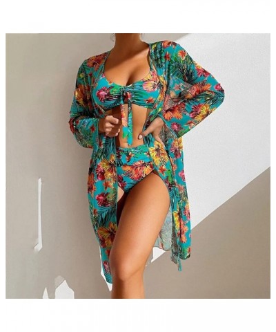 3pcs Set Women Bikini with Cover Up Swimsuit Floral Print Bottom Knotted Front Top High Waisted Swimwear 01-blue $13.25 Swims...