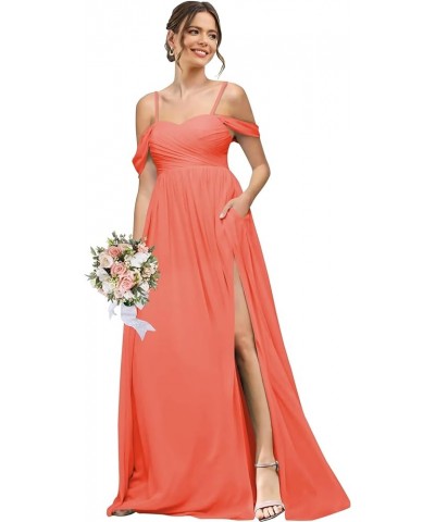 Women's Cold Shoulder Bridemaid Dresses Ruched Chiffon Sweetheart Corset Formal Evening Party Dress with Pockets Coral $17.86...