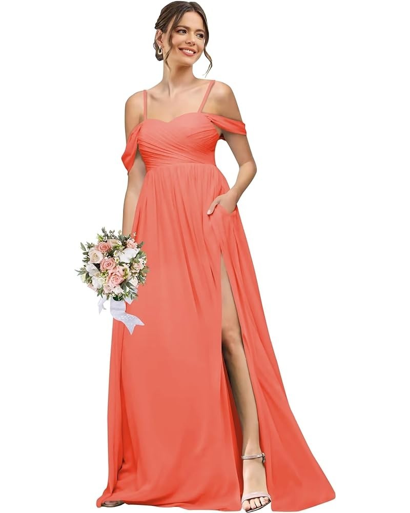 Women's Cold Shoulder Bridemaid Dresses Ruched Chiffon Sweetheart Corset Formal Evening Party Dress with Pockets Coral $17.86...