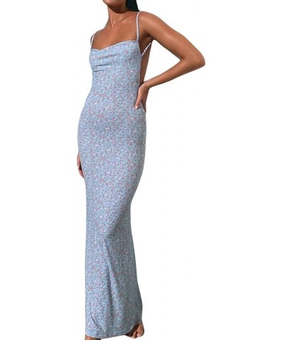 Womens Spaghetti Strap Fishtail Maxi Dress Sleeveless Square Neck Bodycon Slim Long Dress Clubwear F-blue $12.31 Dresses