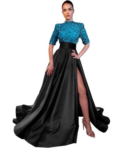 Mock Turtle Neck Prom Dresses Half Sleeve Formal Gowns Sequins Satin Evening Dress A-Line Ball Gown Slit JS0005 Aqua Black $4...