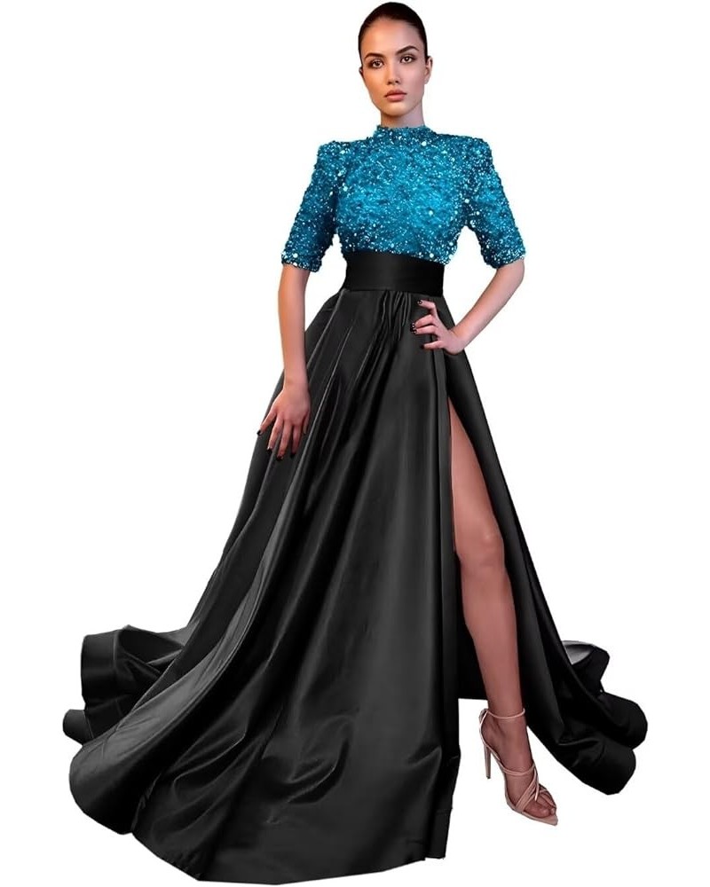 Mock Turtle Neck Prom Dresses Half Sleeve Formal Gowns Sequins Satin Evening Dress A-Line Ball Gown Slit JS0005 Aqua Black $4...