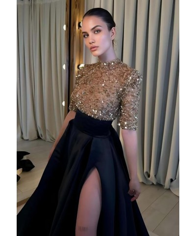 Mock Turtle Neck Prom Dresses Half Sleeve Formal Gowns Sequins Satin Evening Dress A-Line Ball Gown Slit JS0005 Aqua Black $4...