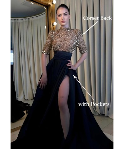 Mock Turtle Neck Prom Dresses Half Sleeve Formal Gowns Sequins Satin Evening Dress A-Line Ball Gown Slit JS0005 Aqua Black $4...